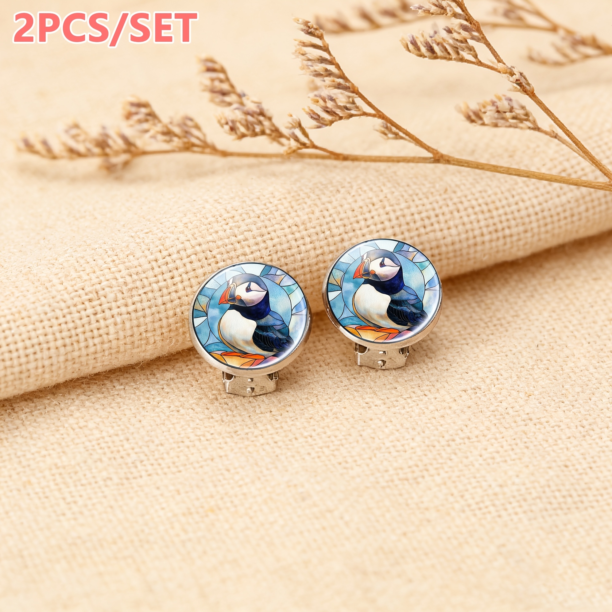 2pcs No-Piercing Round Glass Face Earrings Set, Penguin Illustration